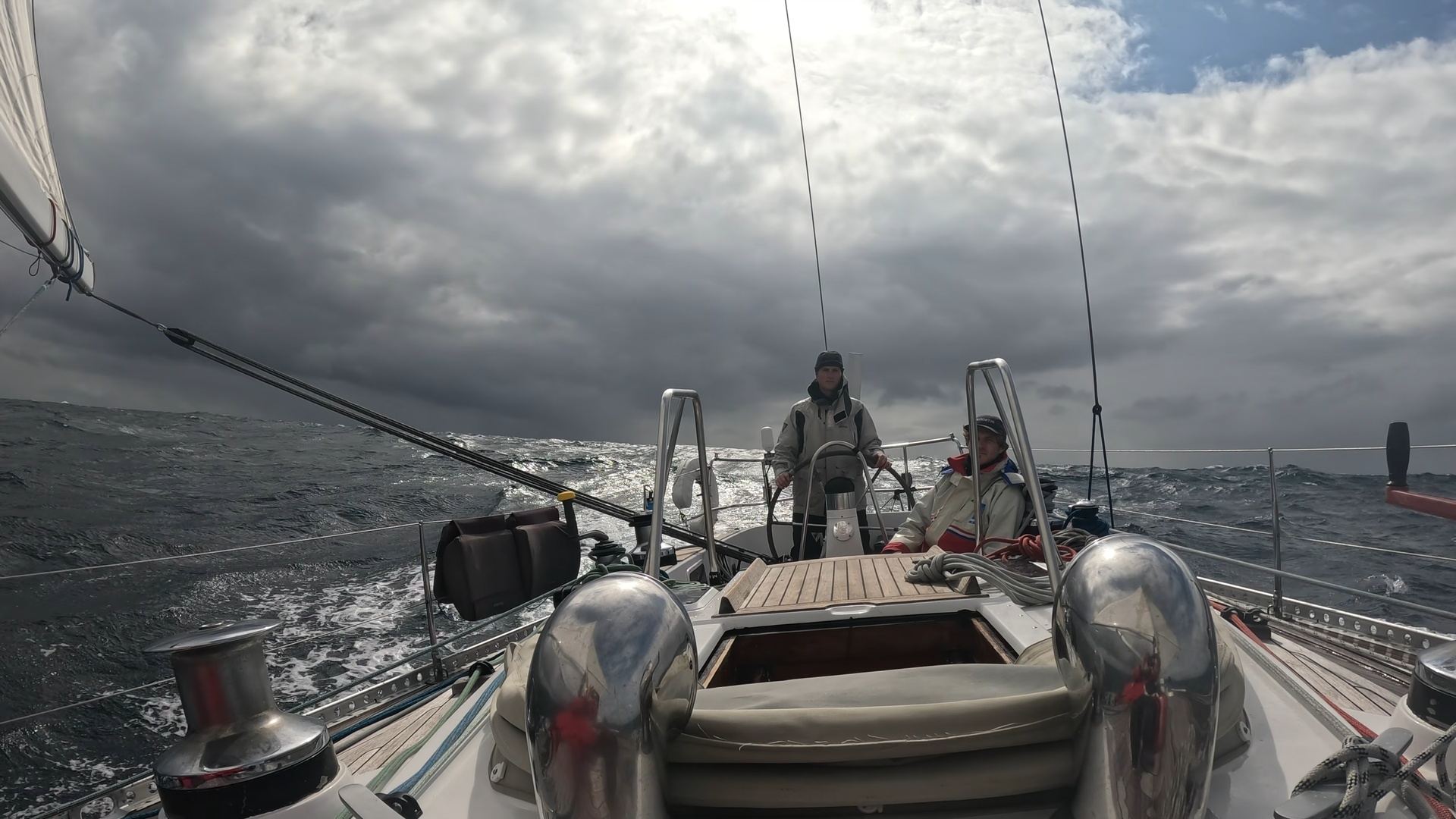 Crew in the cockpit in rough seas