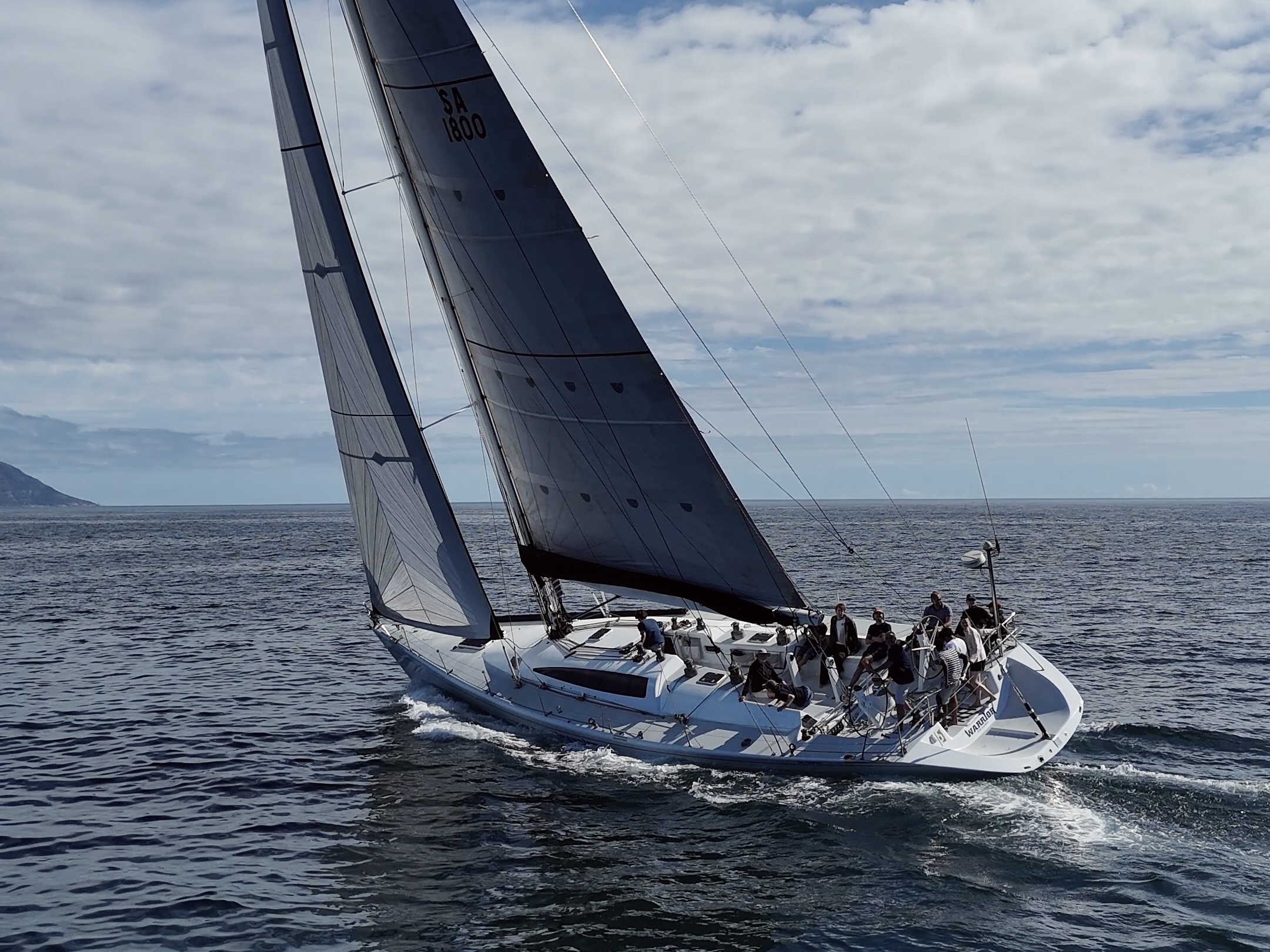Warrior under sail with crew on deck